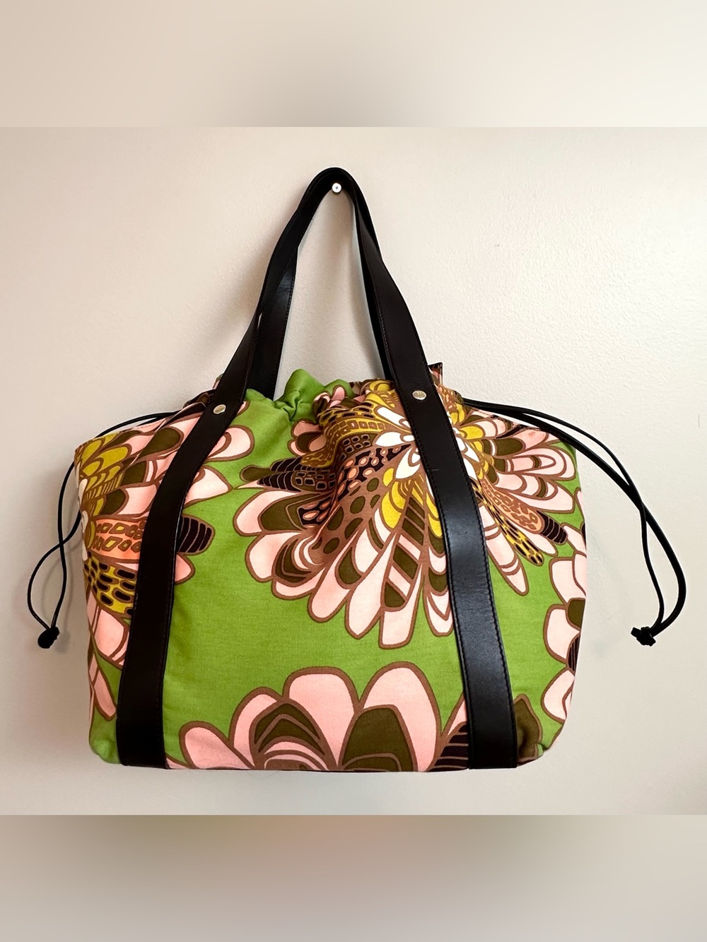 Vintage Kate Spade NY Mod Floral Canvas Drawstring Tote Rare Y2K Retro